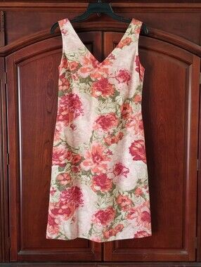 Talbots Sleeveless V-Neck Pink Rose Floral Shift Dress Size 6